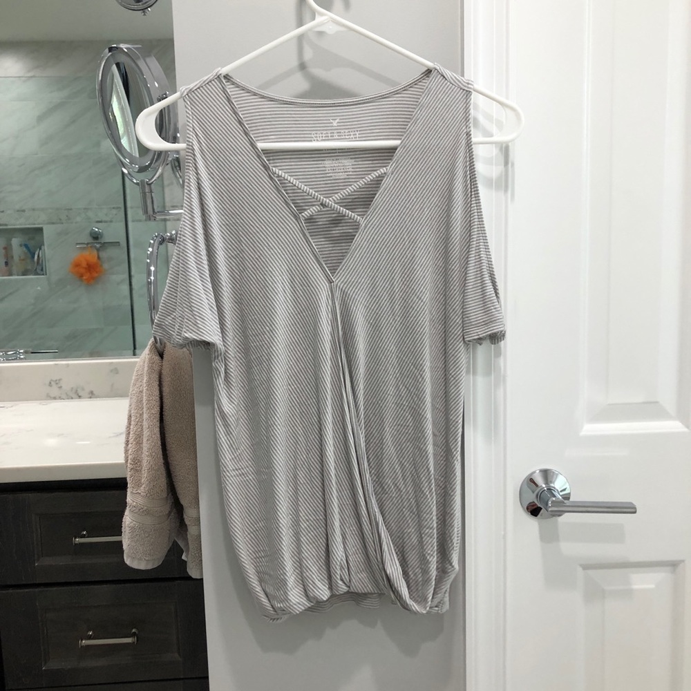 grey shoulder cutout front cross top